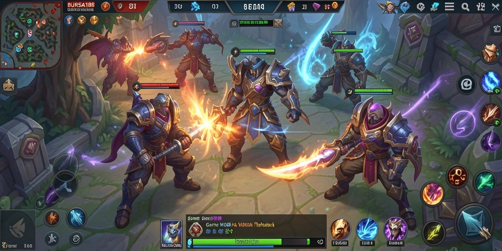 Screenshot gameplay BURSA188 yang menampilkan aksi pertempuran MOBA.
