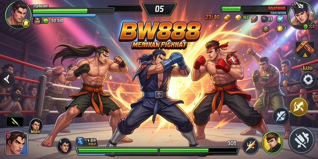 Screenshot BW888 menampilkan pertarungan mendebarkan dan karakter keren.