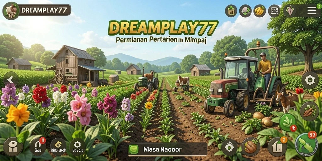 Tangkapan layar utama DREAMPLAY77 menampilkan aktivitas pertanian yang seru.