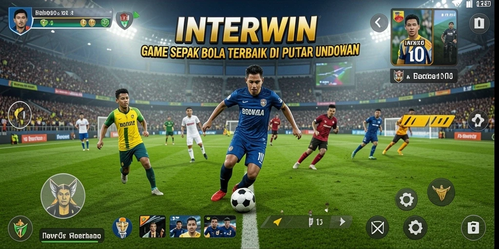 Screenshot menarik dari gameplay <strong>INTERWIN</strong> menampilkan aksi pertandingan sepak bola yang mendebarkan.