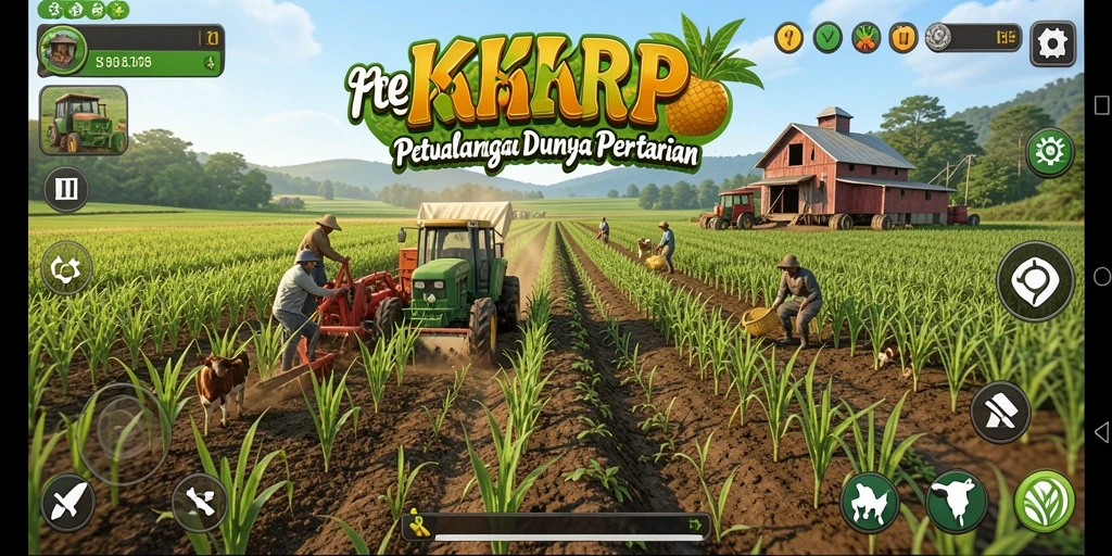 Tampilan gameplay KKRP yang penuh warna dan penuh aktivitas pertanian.